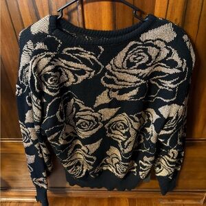 Vintage Floral Patterned Black and Gold Sweater